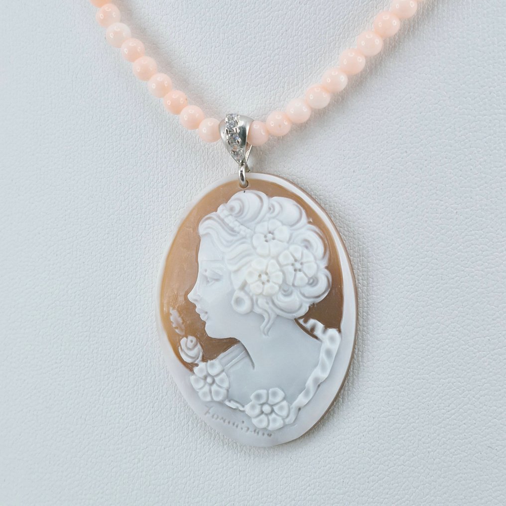 Κοράλλι - Ασημί - Κολιέ με μενταγιόν - Ροζ κοράλλι και Cameo #1.0