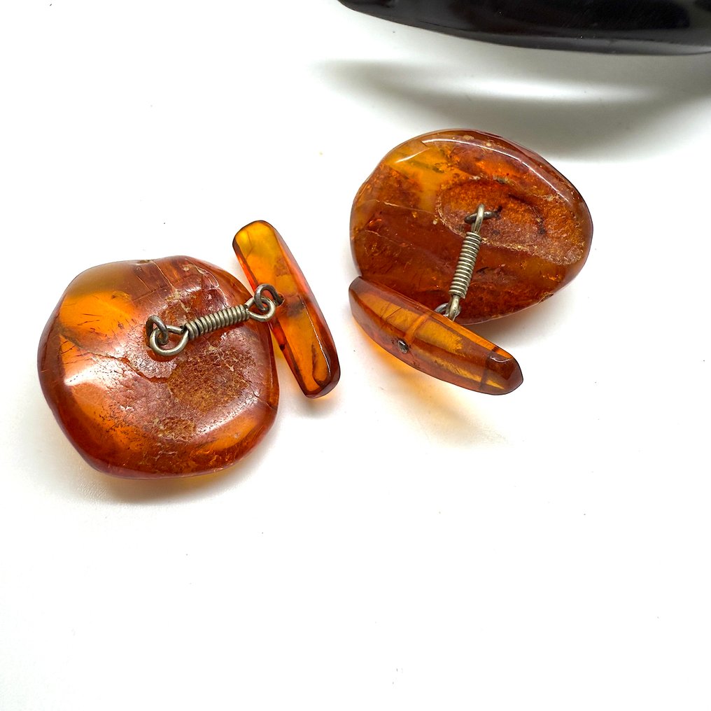 Anciens gros boutons de manchette avec ambre naturel de la Baltique - Ambre - Baltic amber - Succinite #4.3
