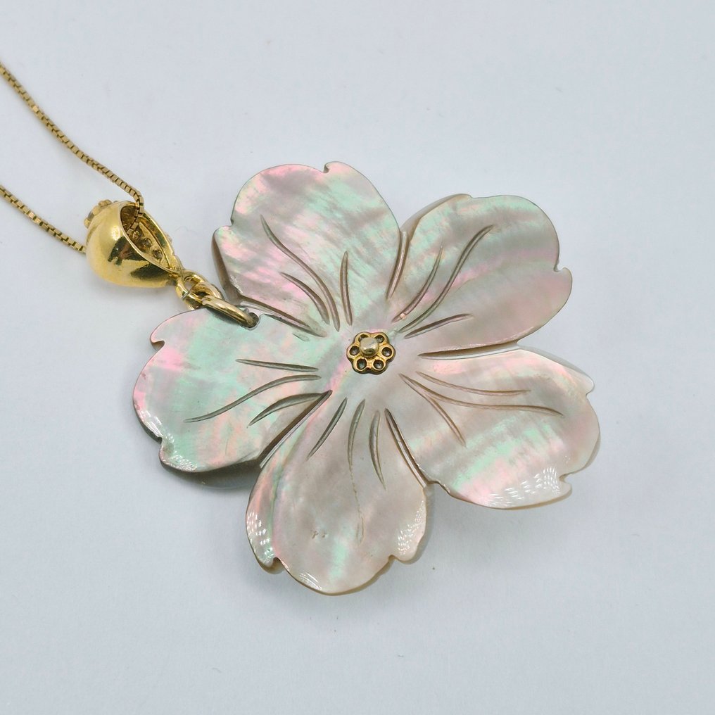 Corallo - Argento, Placcato oro - Collana con ciondolo - Madreperla e corallo #3.2