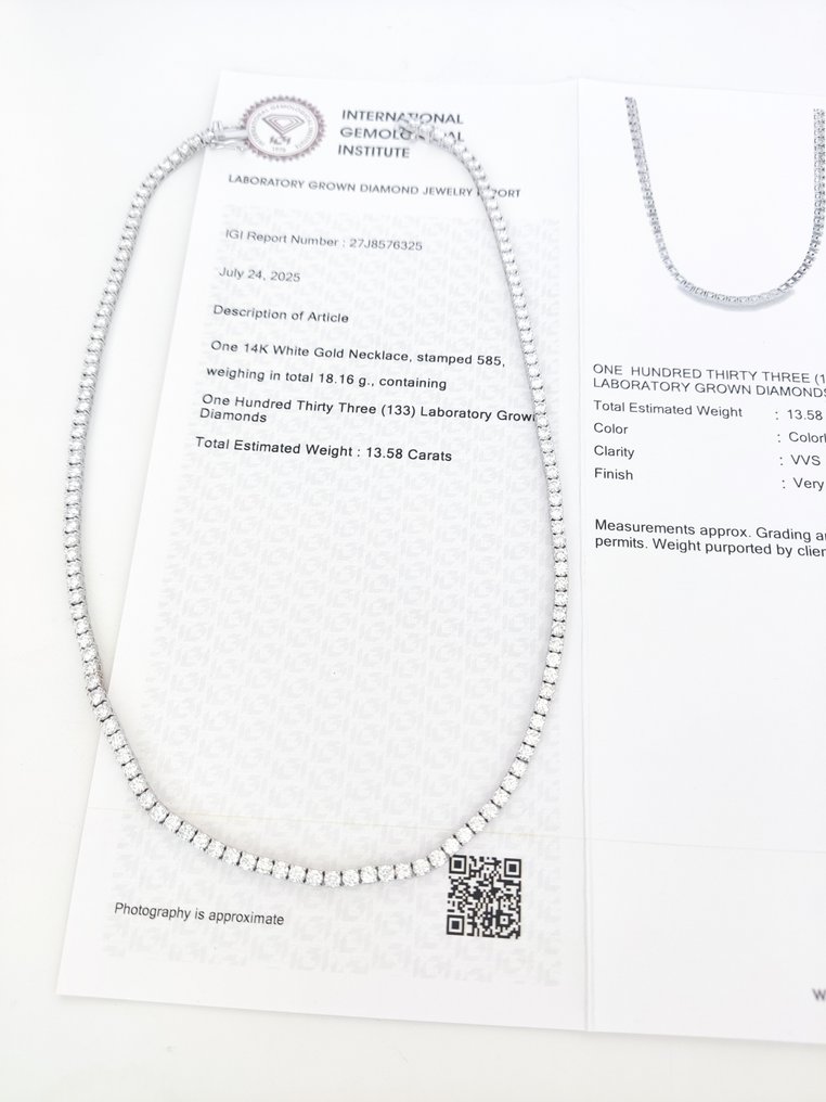 Κολιέ - 14 καράτια Λευκός χρυσός, D-E/VVS -  13.58ct. tw. Διαμάντι (Εργαστηριακής καλλιέργειας) - Πιστοποιημένο από IGI #3.2