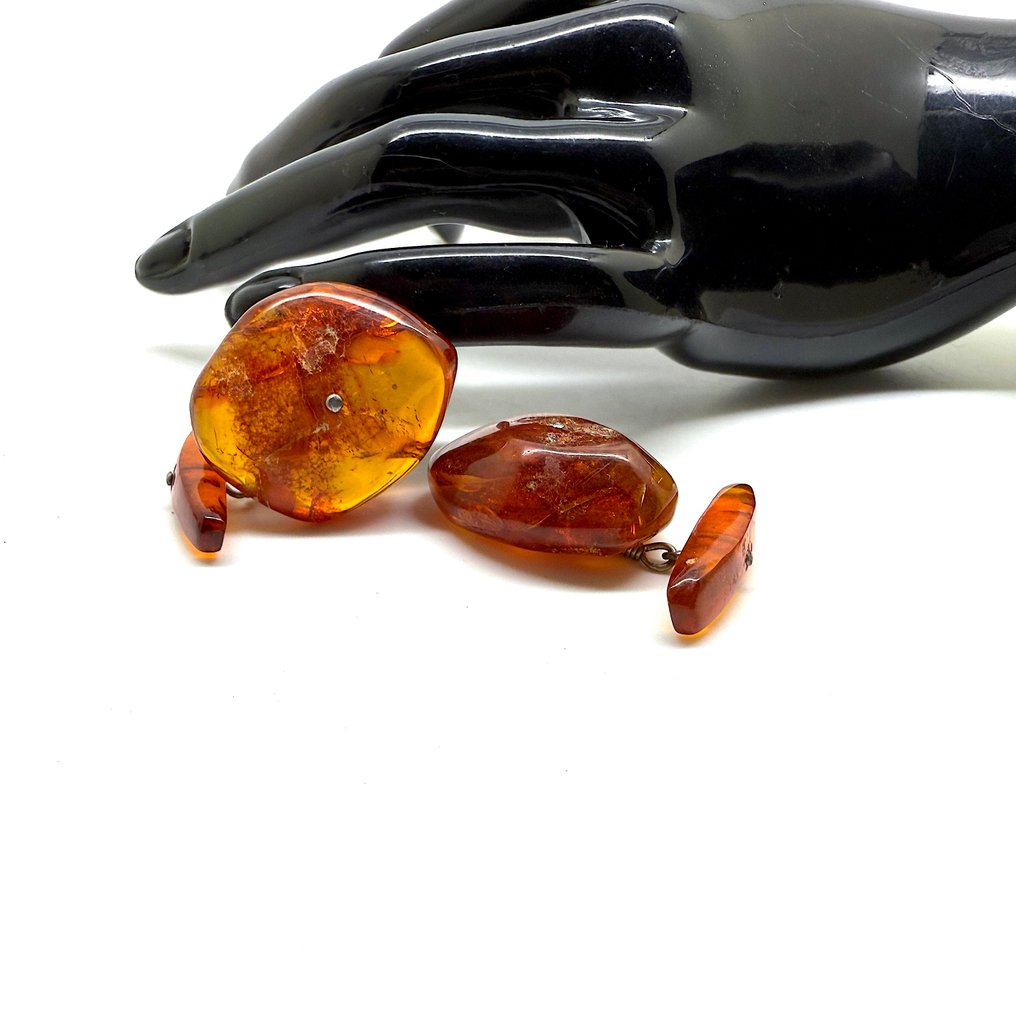 Anciens gros boutons de manchette avec ambre naturel de la Baltique - Ambre - Baltic amber - Succinite #1.0