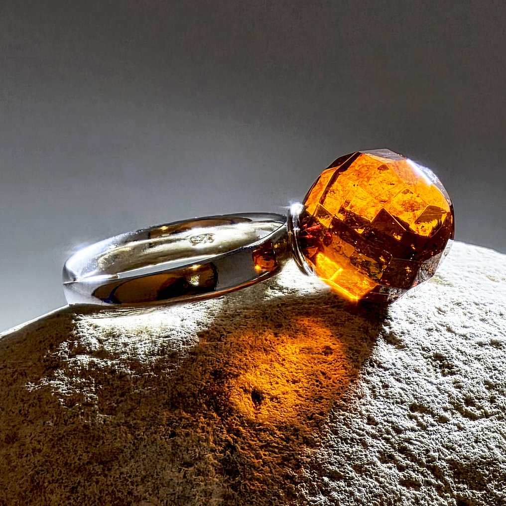 奢华琥珀球戒指——炽热的干邑色波罗的海琥珀，镶嵌于925银上 - 琥珀  (沒有保留價) #1.0