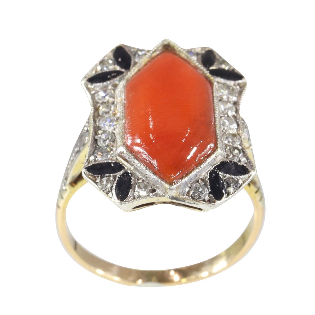 Gyűrű - 18 kt. Sárga arany Korall - Gyémánt - Enamel, Art Deco 1930 #4.3