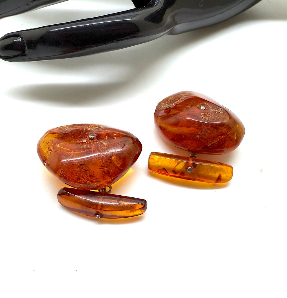 Anciens gros boutons de manchette avec ambre naturel de la Baltique - Ambre - Baltic amber - Succinite #1.0