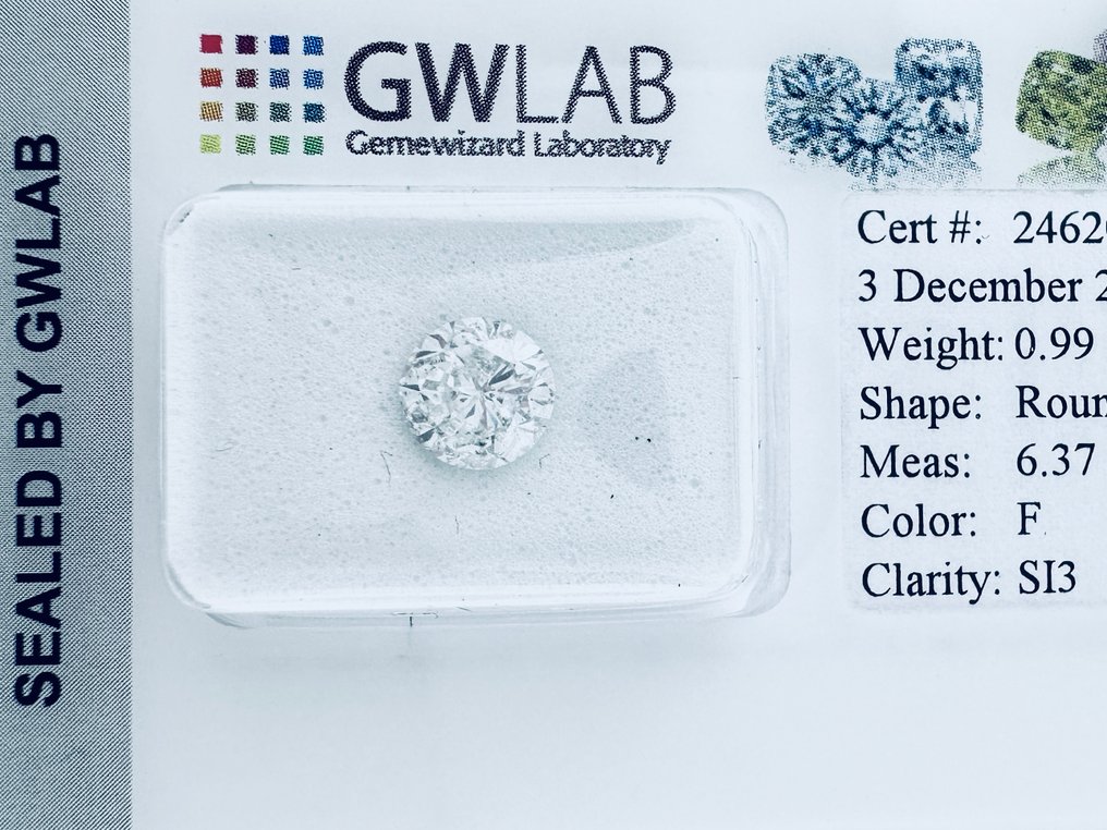 1 pcs Διαμάντι (Φυσικό) - 0.99 ct - Στρογγυλό - F - SI3 - Gemewizard Gemological Laboratory (GWLab) - φυσικό #1.0