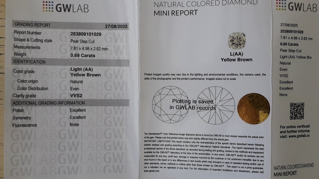 沒有保留價 - 1 pcs 鑽石 (天然彩色) - 0.69 ct - 梨形 - Light 黃色 褐色 - VVS2 - Gemewizard Gemological Laboratory (GWLab) #2.1