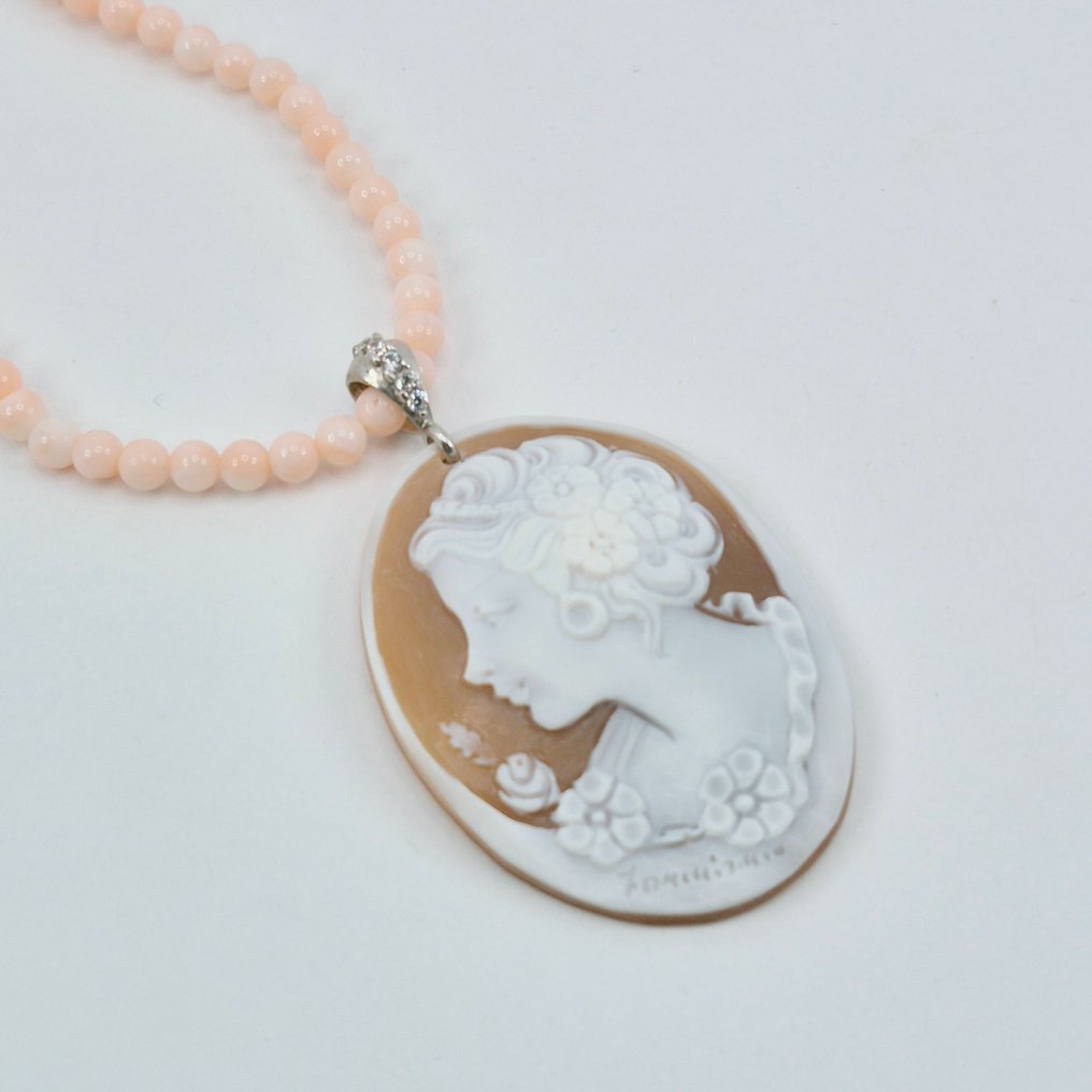 Κοράλλι - Ασημί - Κολιέ με μενταγιόν - Ροζ κοράλλι και Cameo #4.3