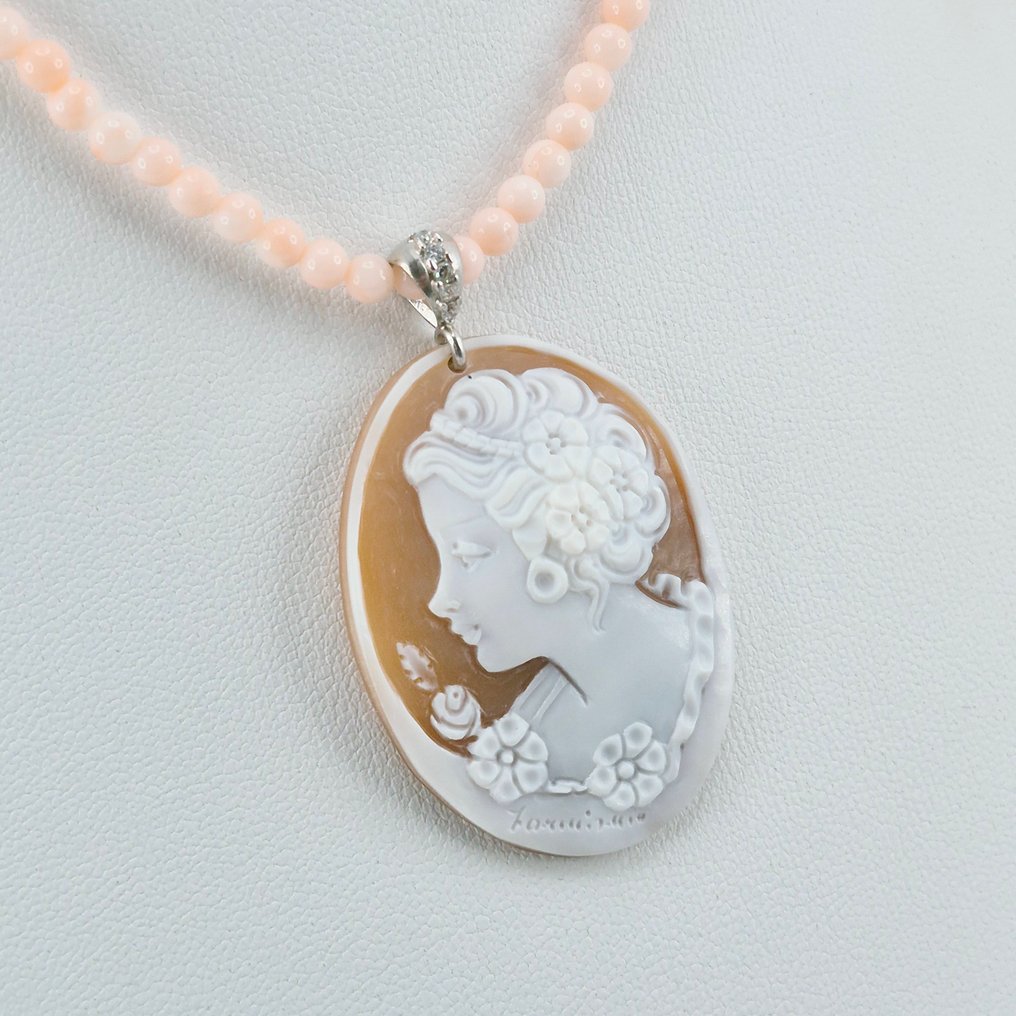 Κοράλλι - Ασημί - Κολιέ με μενταγιόν - Ροζ κοράλλι και Cameo #1.0