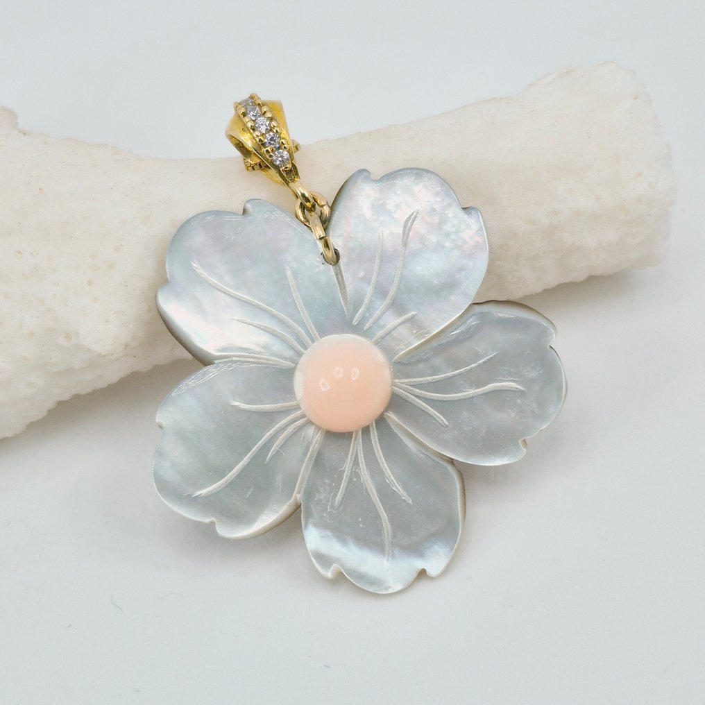 Corallo - Argento, Placcato oro - Collana con ciondolo - Madreperla e corallo #1.0