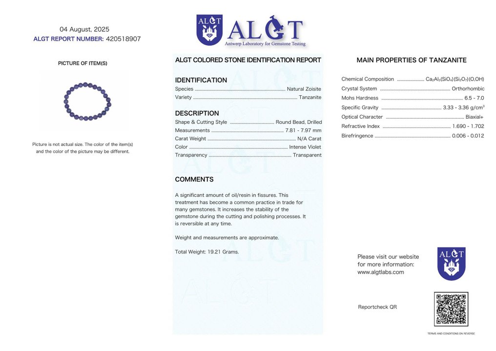ALGT 认证 - 高度独家的天然坦桑石手链 萤光- 19.21 g #2.1
