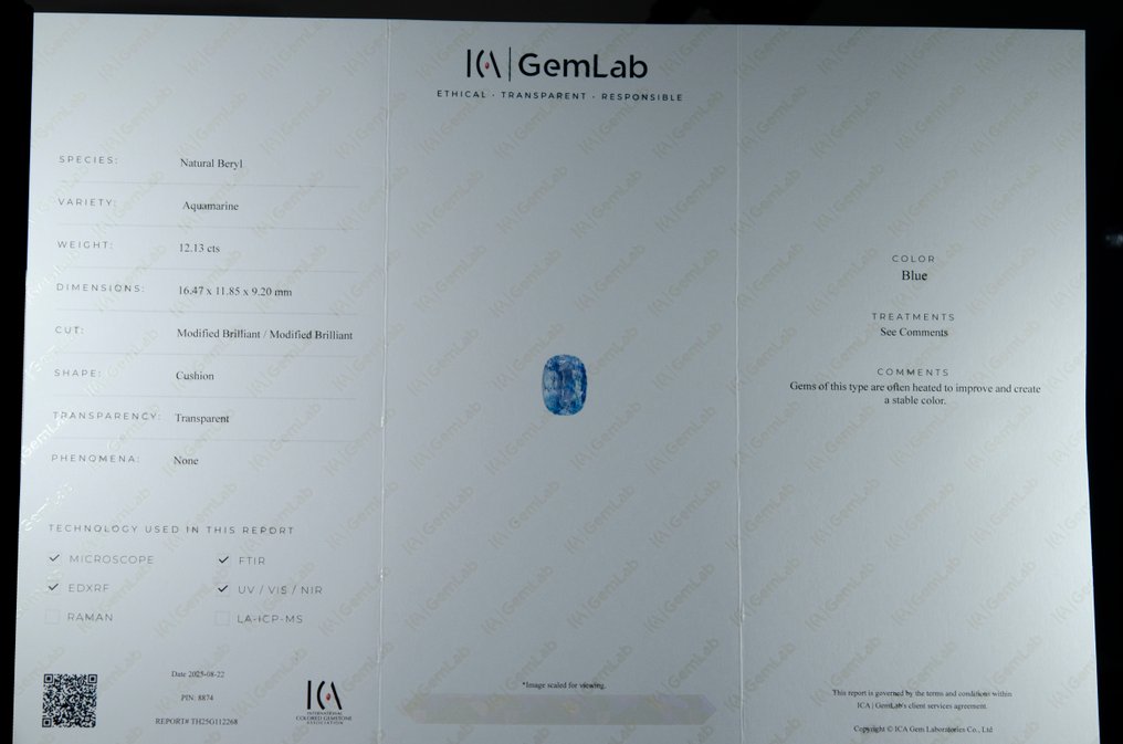 蓝色 海蓝宝石  - 12.13 ct - 国际有色宝石协会（ICA GemLab） #3.2