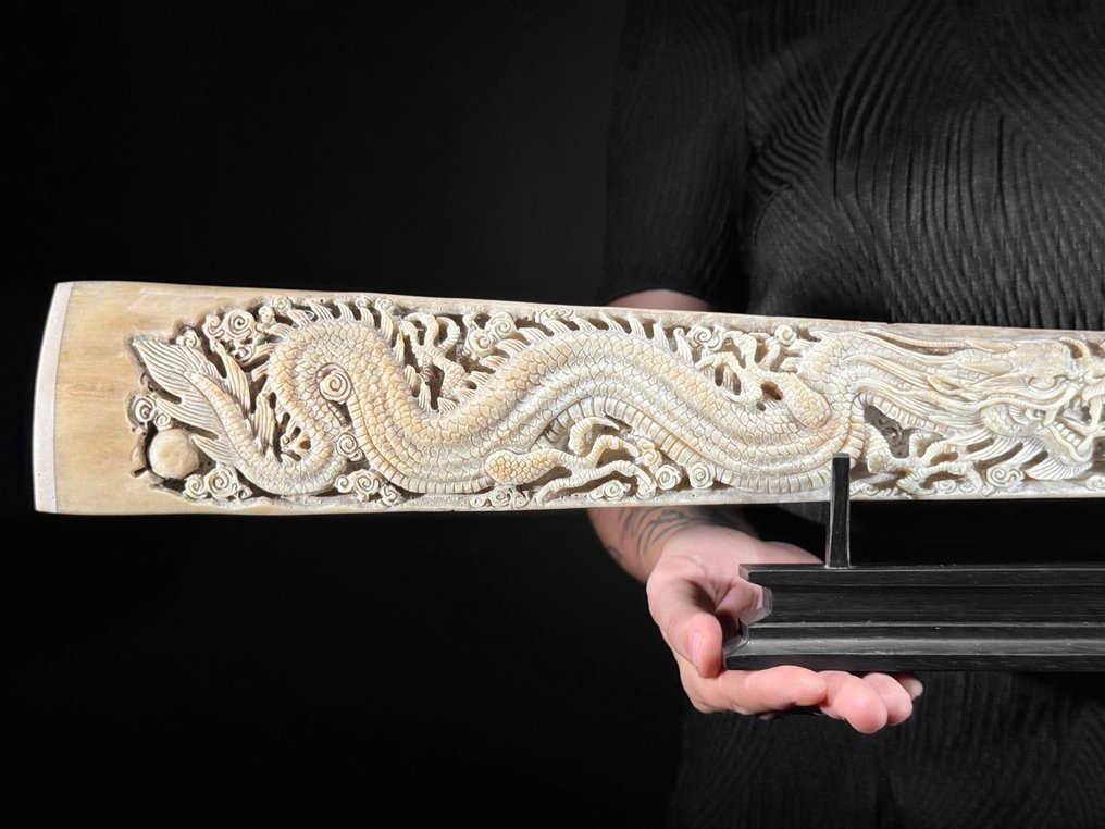 无底价 - 特大号雕刻剑鱼吻部 - 双龙图案 吻突 - Xiphias Gladius - 14 cm - 95 cm - 6 cm- 非《濒危物种公约》物种 #1.0