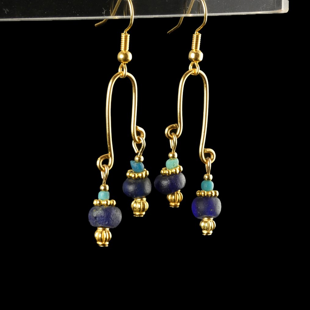 古罗马 Earrings, 配有罗马蓝和绿松石色玻璃珠 #1.0