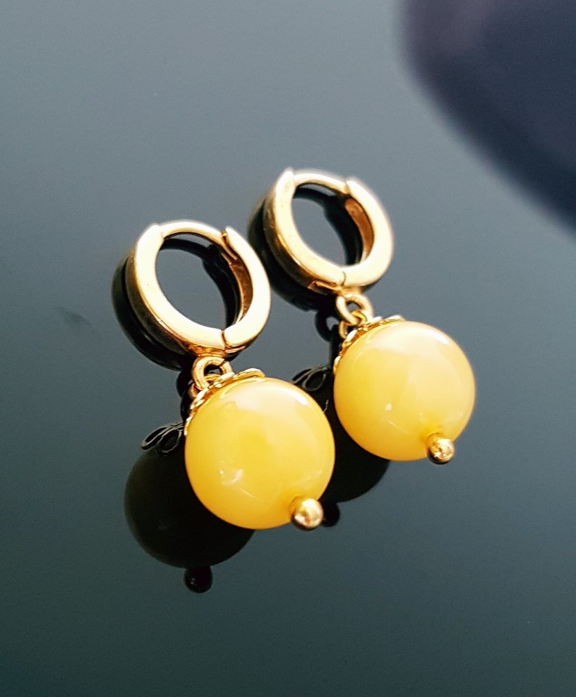 奶油糖色天然波罗的海琥珀耳环 - 圆球琥珀珠 - 镀银金色 - 琥珀  (沒有保留價) #1.0