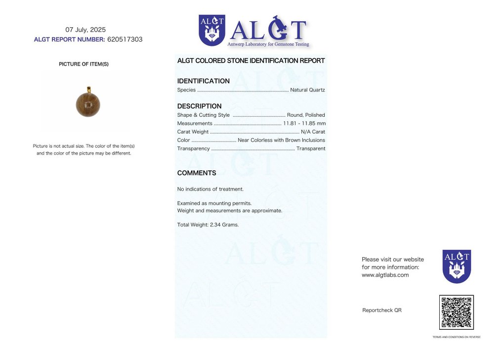 Χωρίς αποθεματικό - Πιστοποιημένο από ALGT - Αποκλειστικό φυσικό κρεμαστό από Rutile Quartz Εξαιρετική διαύγεια που ξεχωρίζει με την πρώτη ματιά.- 2.34 g #2.1