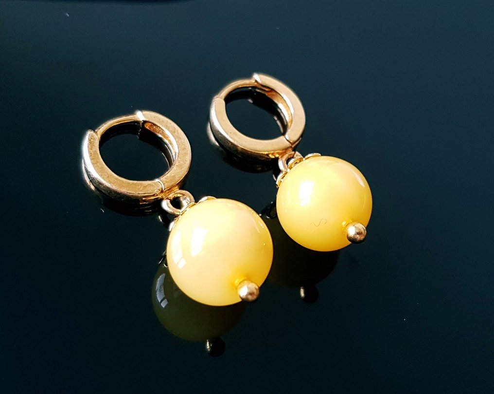 奶油糖色天然波罗的海琥珀耳环 - 圆球琥珀珠 - 镀银金色 - 琥珀  (沒有保留價) #2.1