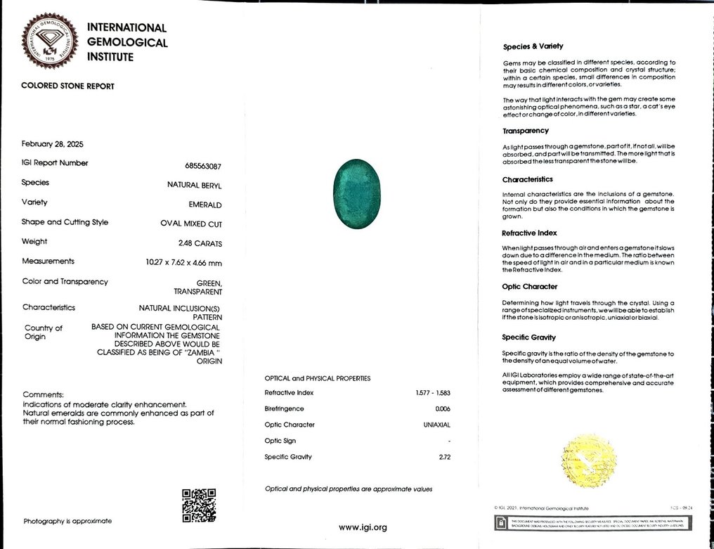 No Reserve Price Emerald  - 2.48 ct - International Gemological Institute (IGI) #2.1