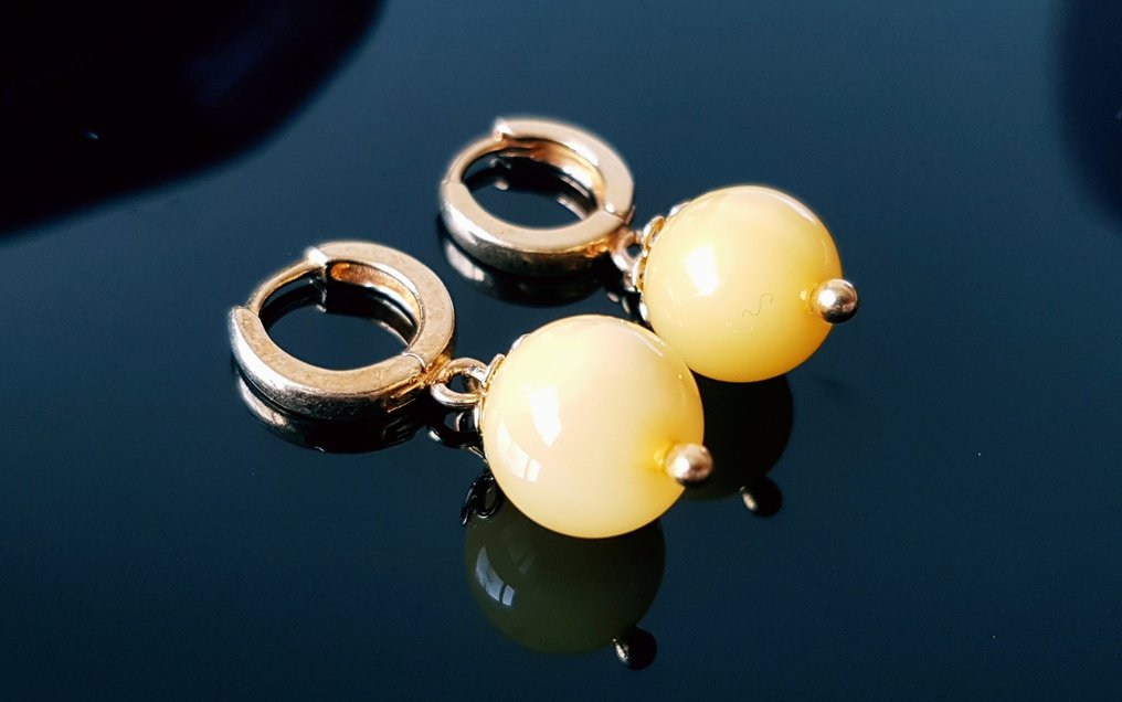 奶油糖色天然波罗的海琥珀耳环 - 圆球琥珀珠 - 镀银金色 - 琥珀  (沒有保留價) #1.0