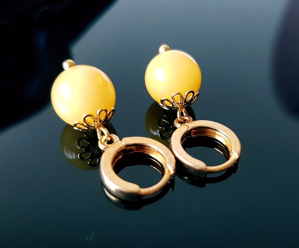 奶油糖色天然波罗的海琥珀耳环 - 圆球琥珀珠 - 镀银金色 - 琥珀  (沒有保留價) #3.2