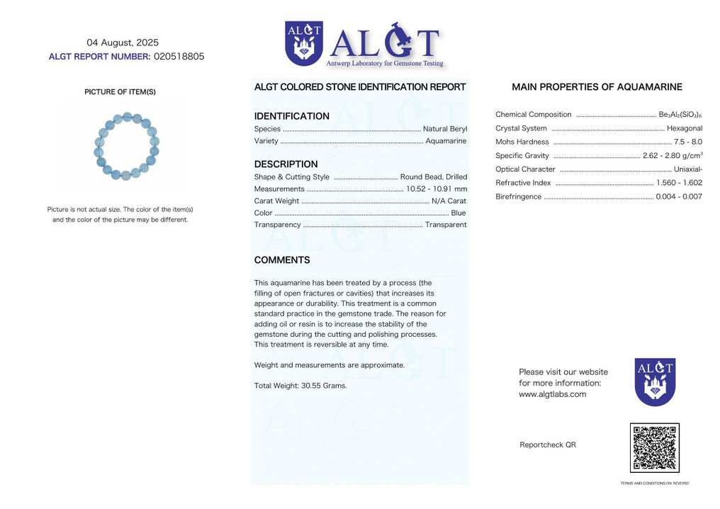 Πιστοποιημένο ALGT - Μεγάλο και Πολυτελώς Αποκλειστικό Βραχιόλι Φυσικού Ακουαμαρίνα Ορισμένο από εξαιρετική σαφήνεια- 30.55 g #2.1