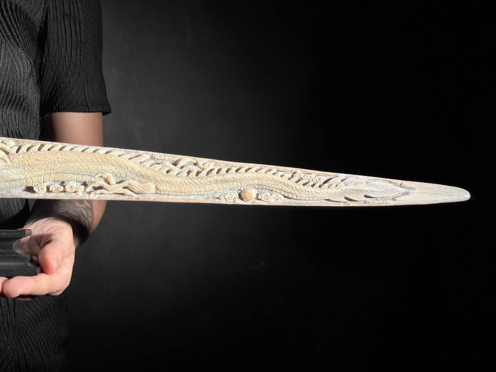 无底价 - 特大号雕刻剑鱼吻部 - 双龙图案 吻突 - Xiphias Gladius - 14 cm - 95 cm - 6 cm- 非《濒危物种公约》物种 #3.2