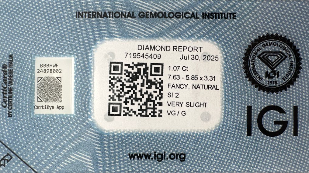 1 pcs 钻石  (天然色彩的)  - 1.07 ct - 椭圆形 - Fancy light 黄色 - SI2 微内含二级 - 国际宝石研究院（IGI） - （自然） #2.1