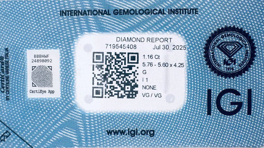 1 pcs 钻石  (天然)  - 1.16 ct - 方形 - G - I1 内含一级 - 国际宝石研究院（IGI） - （自然 - VG/VG） #2.1