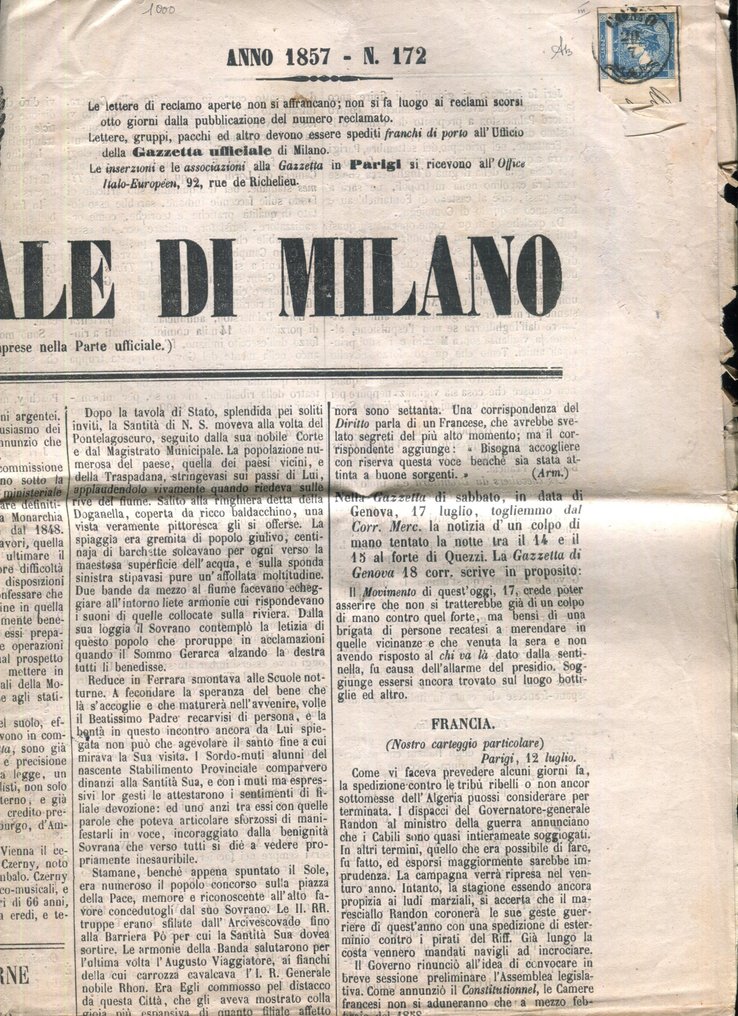 意大利古國－倫巴第-威尼托王國 1851 - Mercurio 在报纸上带有稀有的“COMO”邮戳，点数13！ - Sassone Francobolli per giornali 3. #2.1