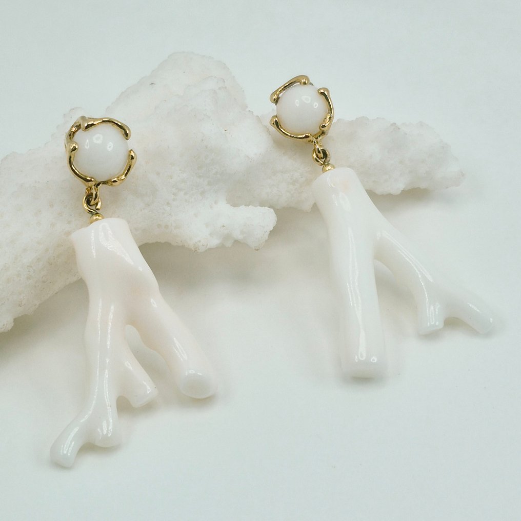 珊瑚 - 银, Gold-plated - 耳环 - 白色/粉色珊瑚 #1.0