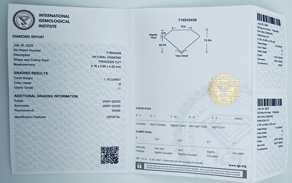 1 pcs 钻石  (天然)  - 1.16 ct - 方形 - G - I1 内含一级 - 国际宝石研究院（IGI） - （自然 - VG/VG） #3.2