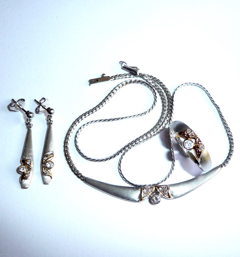 3套珠宝 - 14K包金 黄金, 白金 -  0.32ct. tw. 钻石 (天然)  - 套装：项链、戒指、耳环 #1.0