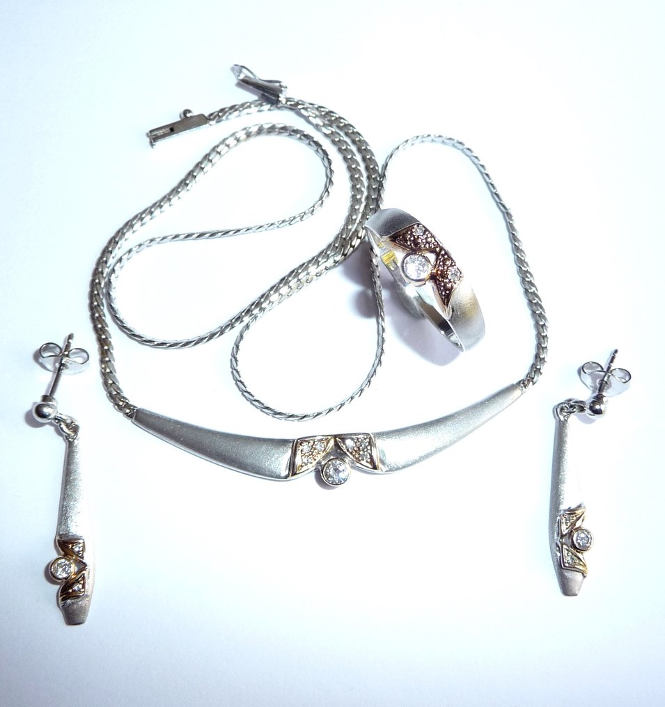 3套珠宝 - 14K包金 黄金, 白金 -  0.32ct. tw. 钻石 (天然)  - 套装：项链、戒指、耳环 #2.1