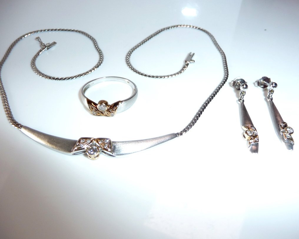 3套珠宝 - 14K包金 黄金, 白金 -  0.32ct. tw. 钻石 (天然)  - 套装：项链、戒指、耳环 #4.3