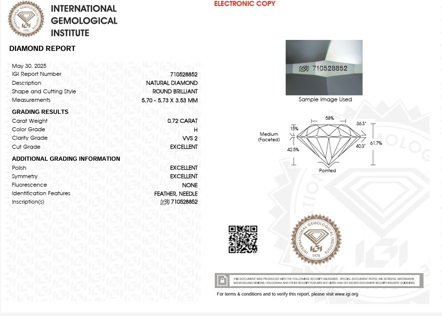 1 pcs 钻石  (天然)  - 0.72 ct - 圆形 - H - VVS2 极轻微内含二级 - 国际宝石研究院（IGI） - Ex Ex Ex 无 #4.3