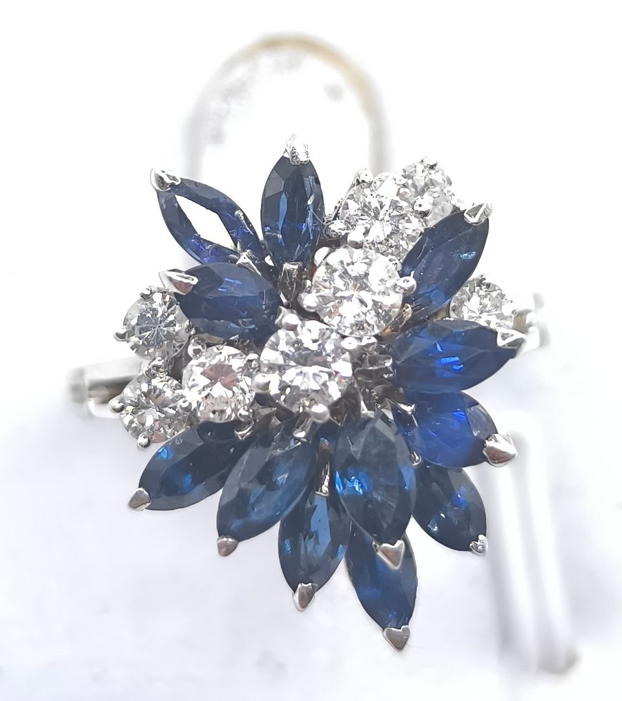 鸡尾酒戒指 - 18K包金 白金 -  2.20ct. tw. 蓝宝石 - 钻石 #1.0