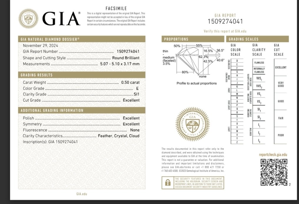 1 pcs 钻石 (天然) - 0.50 ct - 圆形 - E - SI1 微内含一级 - 美国宝石研究院(GIA) #4.3