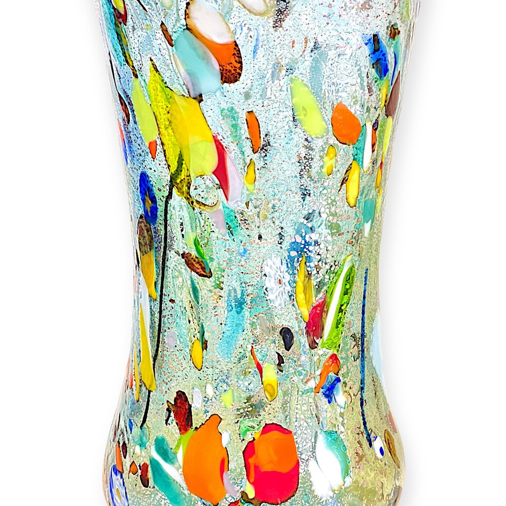 Filippo Maso - Vase - Light blue vase with silver leaf, canes, patches, and murrine. - Murano glass #4.3