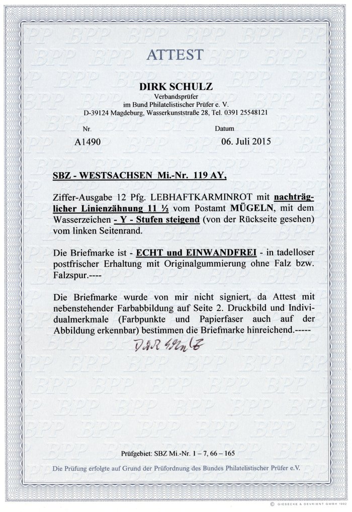 Geallieerde bezetting - Duitsland (Sovjet-zone) 1945 - West-Saksen postmeester scheiding Müggeln met attest. - Michel 119 AY #1.0