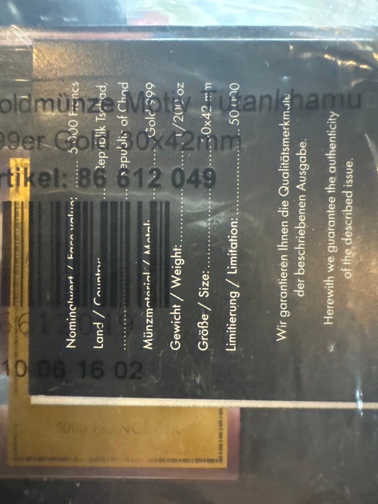 Chade. 5000 Francs ND Tutankhamun, 1/200 Oz (.999) mit CoA  (Sem preço de reserva) #2.1