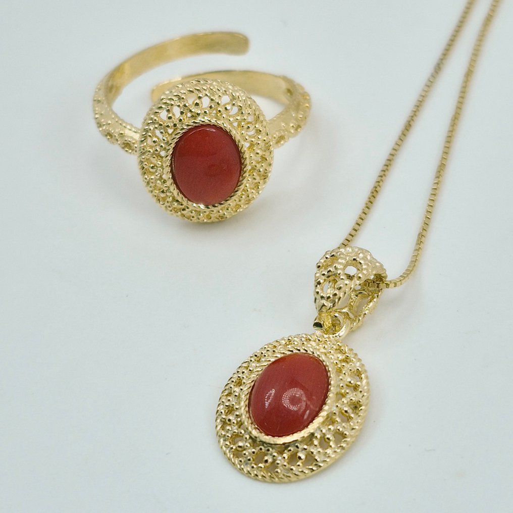 Blood Coral - Silver, Gold-plated - 2 piece jewellery set - CORALLO MEDITERRANEO #2.1