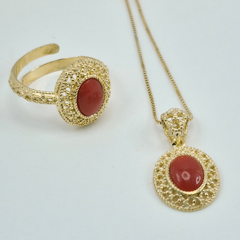 Blood Coral - Silver, Gold-plated - 2 piece jewellery set - CORALLO MEDITERRANEO #1.0