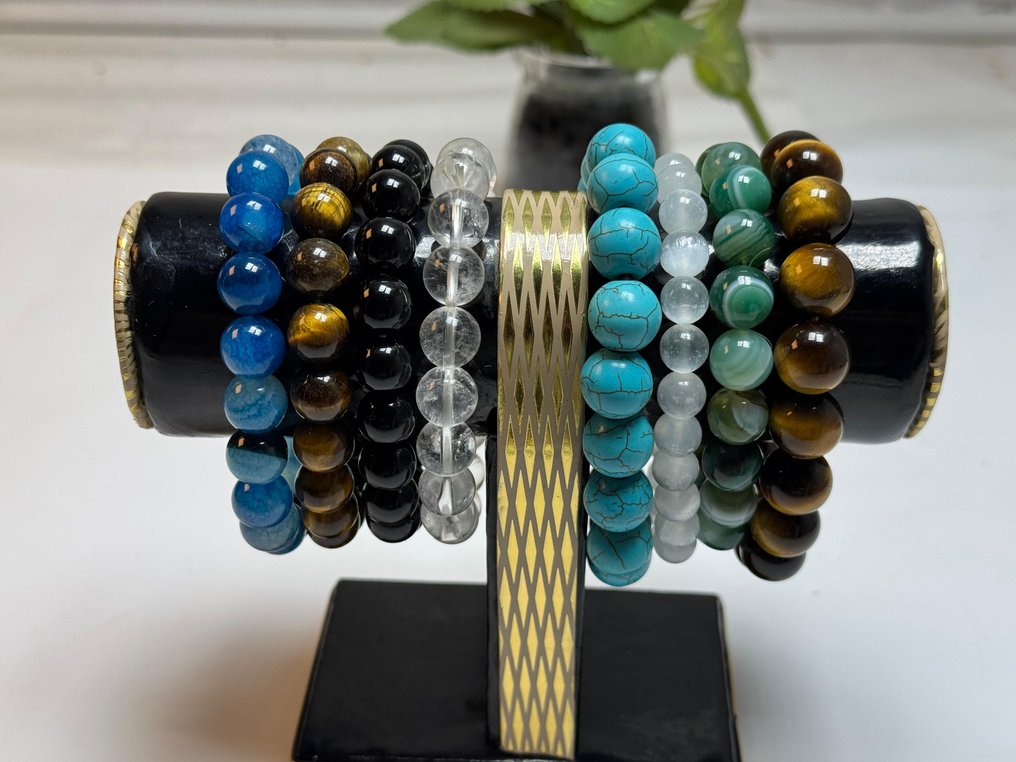 Όμορφο φυσικό μάτι τίγρης, καθαρός χαλαζίας, σεληνίτης, αχάτης Συλλογή βραχιολιών από φυσική πέτρα- 230 g - (8) #1.0