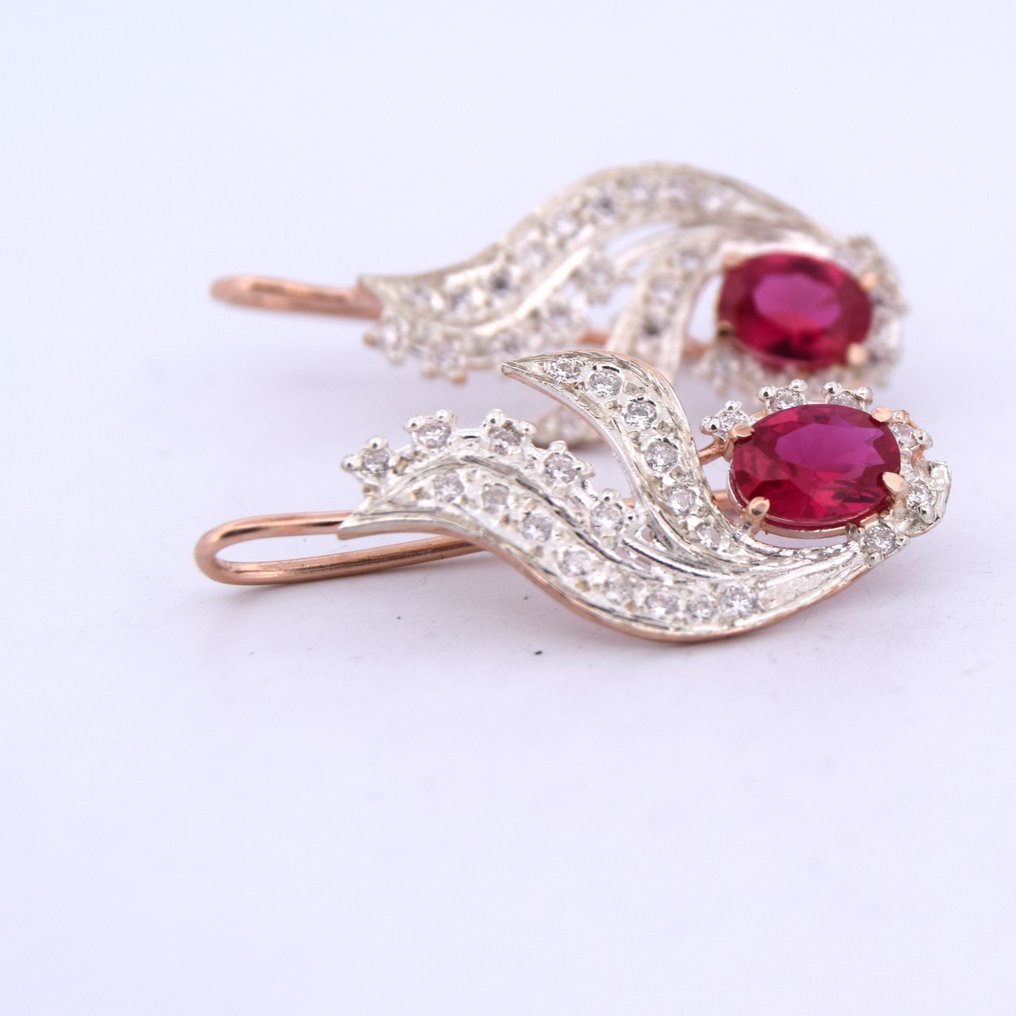 沒有保留價 - 耳環 - 9 節 玫瑰金 - 3.12ct. tw. 紅寶石 - 鉆石 #2.1