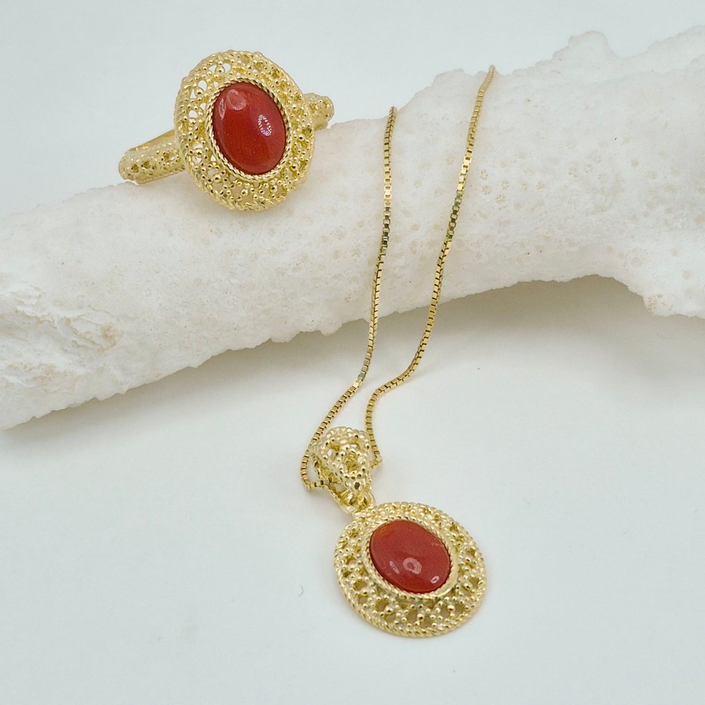 Blood Coral - Silver, Gold-plated - 2 piece jewellery set - CORALLO MEDITERRANEO #1.0