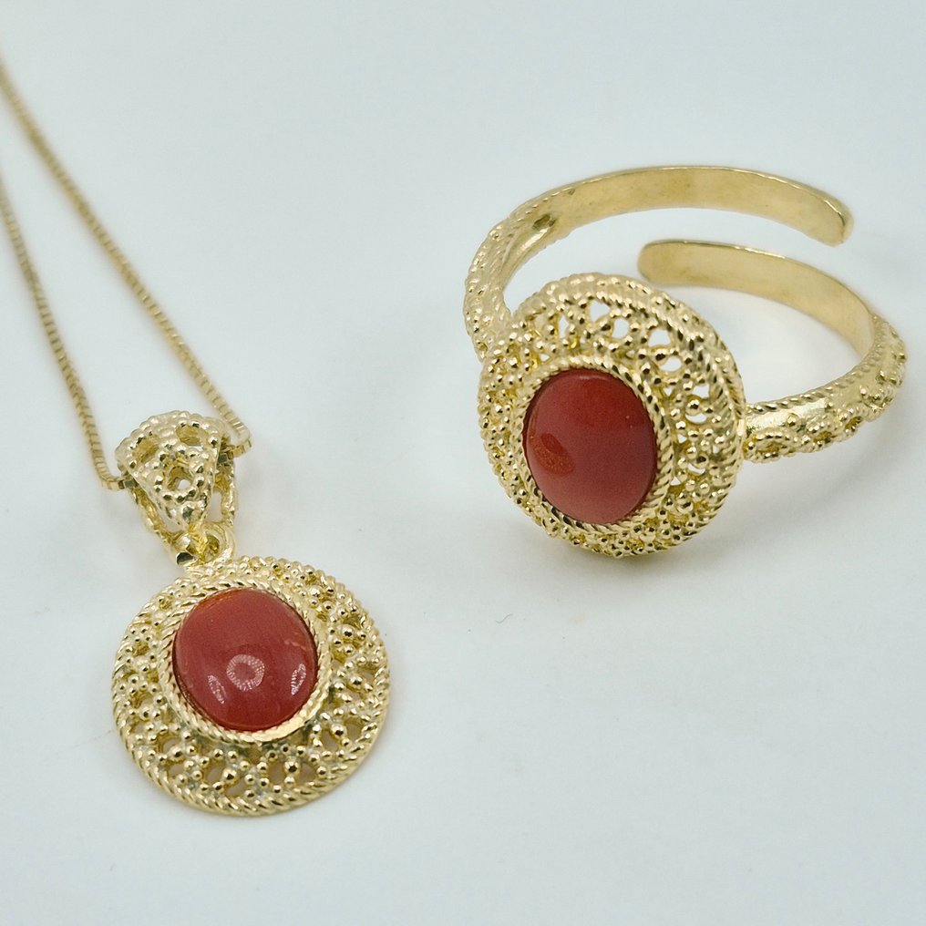 Blood Coral - Silver, Gold-plated - 2 piece jewellery set - CORALLO MEDITERRANEO #3.2