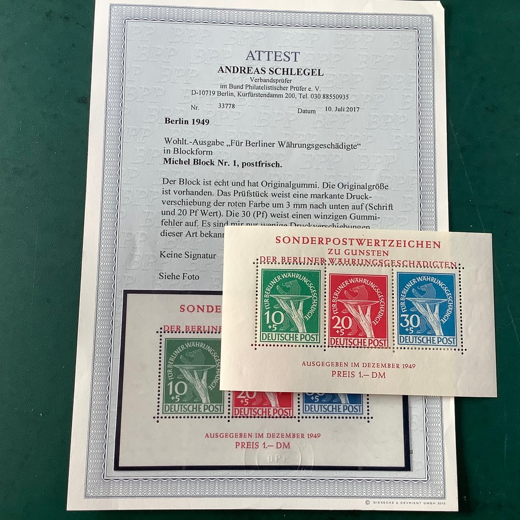 Βερολίνο 1949 - Μπλοκ μεταρρύθμισης χρημάτων με 20 Pf σφραγίδα μετατοπισμένη προς τα κάτω και πιστοποιητικό - Michel blok 1 #1.0