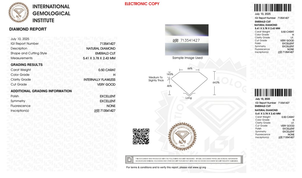 没有保留价 - 1 pcs 钻石  (天然)  - 0.50 ct - 祖母绿 - H - IF - 国际宝石研究院（IGI） - 没有 #2.1