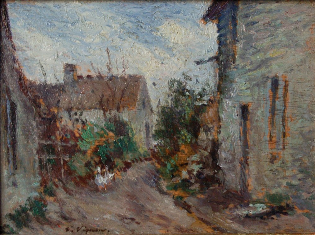 Victor Vignon (1847-1909) - suiveur de Corot - Rue de village / Vallée de l'Oise / Impressionnisme #1.0