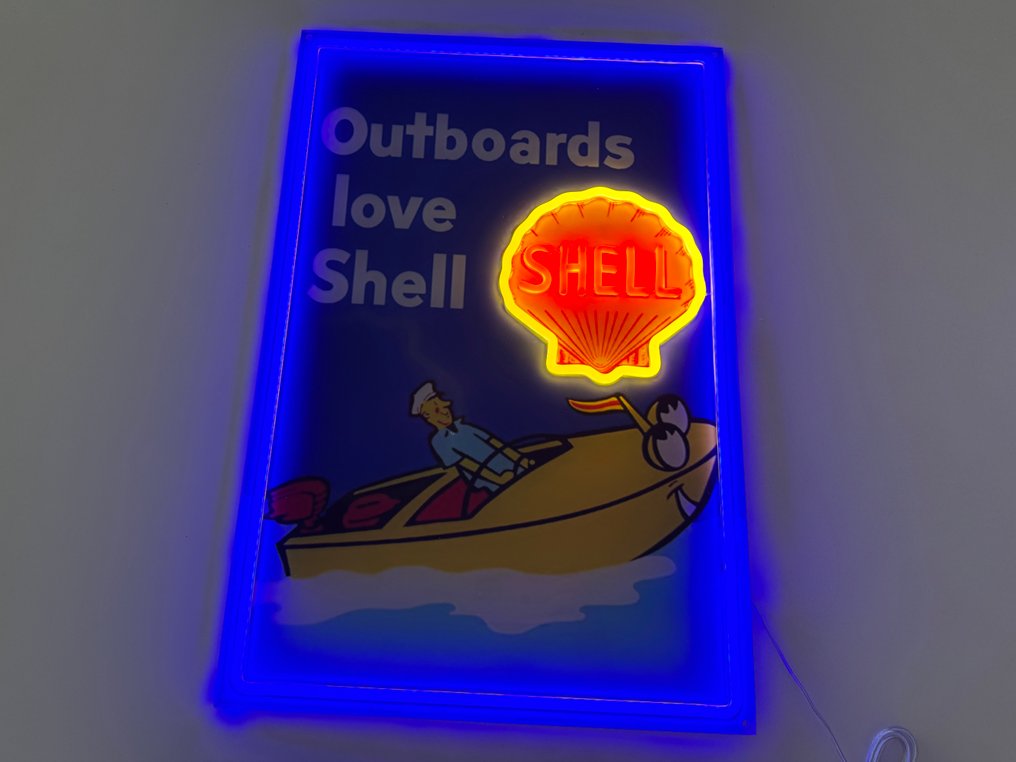 Sign - Shell - Shell ‘Outboards Love Shell’ Gasoline Neon Illuminated Lighted Sign Lightbox #3.2