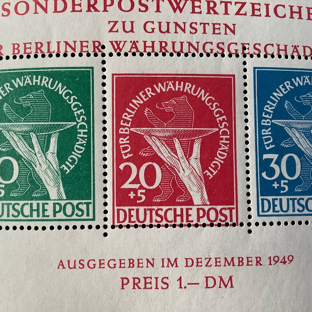 Βερολίνο 1949 - Μπλοκ μεταρρύθμισης χρημάτων με 20 Pf σφραγίδα μετατοπισμένη προς τα κάτω και πιστοποιητικό - Michel blok 1 #4.3